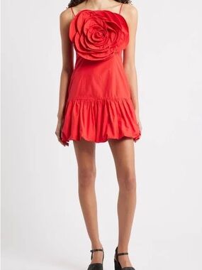 FARM RIO NWT Red Floral Appliqué Balloon Bubble Hem Mini Dress Drop waist